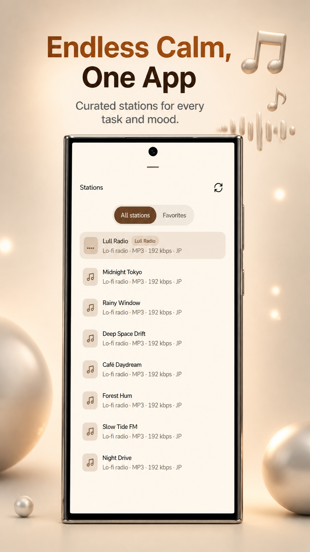 Lull radio and calm playback screen in the Android app.
