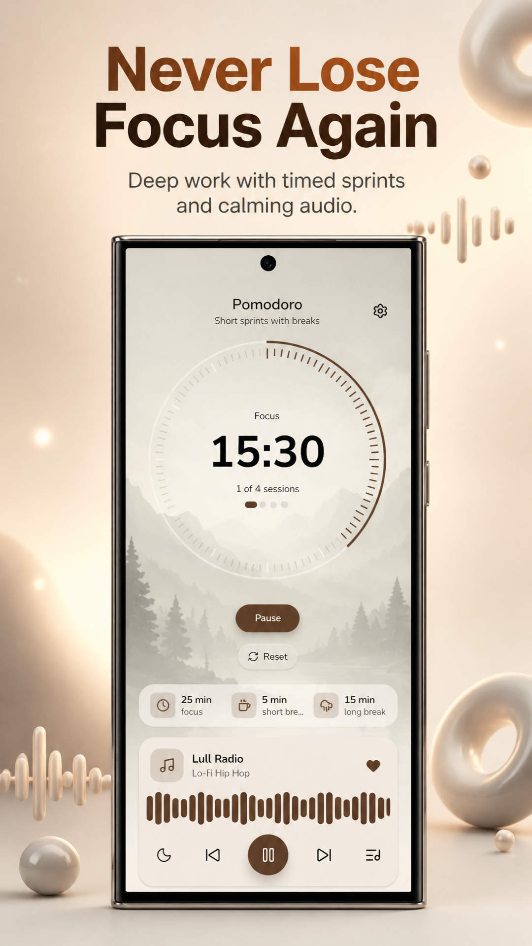Lull focus timer screen with Do Not Disturb and session controls.