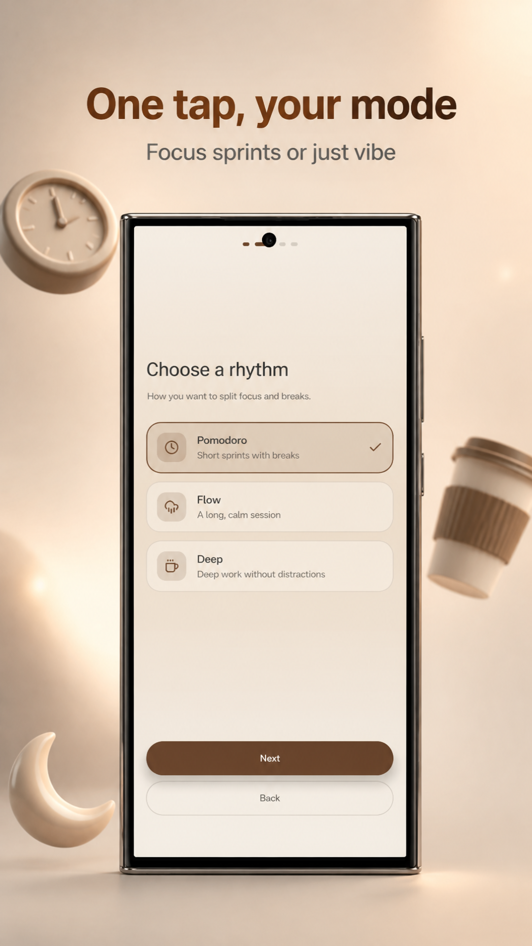 Lull onboarding screen for choosing Pomodoro, Flow, or Deep focus mode.
